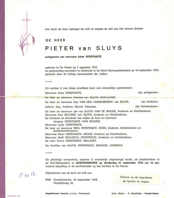 Overlijdensbrief Pieter Van Sluys